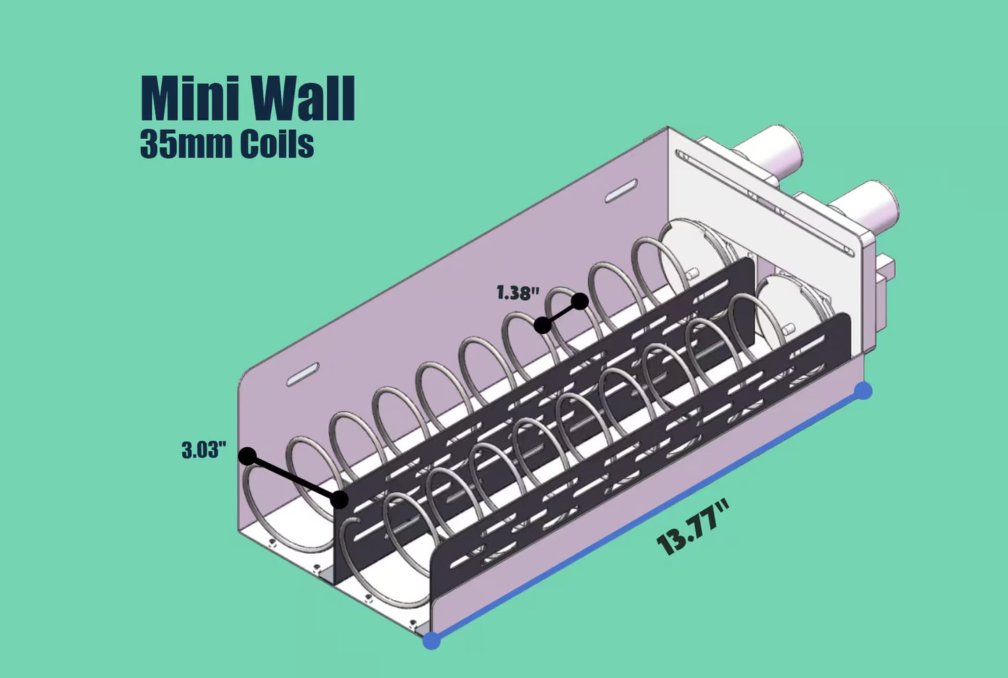 Visual dimension guide for a mini wall vending machine with 35mm coils, highlighting product spacing and tray measurements including 13.77" length, 3.03" height, and 1.38" coil gap for compact vending setups.