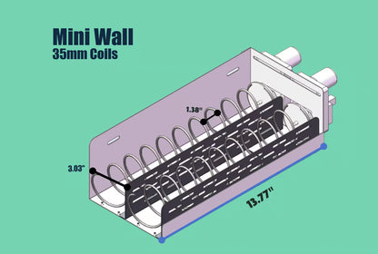 Visual dimension guide for a mini wall vending machine with 35mm coils, highlighting product spacing and tray measurements including 13.77" length, 3.03" height, and 1.38" coil gap for compact vending setups.
