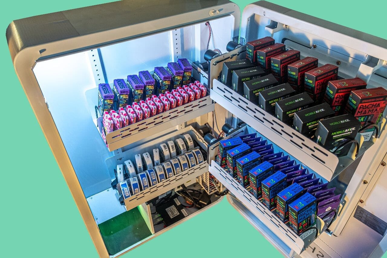 Inside view of a small wall-mounted vending machine