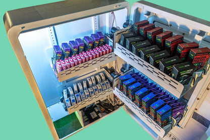 Inside view of a small wall-mounted vending machine