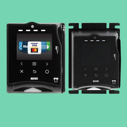 Nayax VPOS Touch cashless credit card reader with screen on and off.
