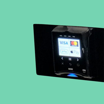 NAYAX VPOS Touch display featuring Visa, Mastercard, Apple Pay, and Google Pay icons.