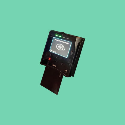 NAYAX VPOS Touch device powered on with contactless symbol visible.