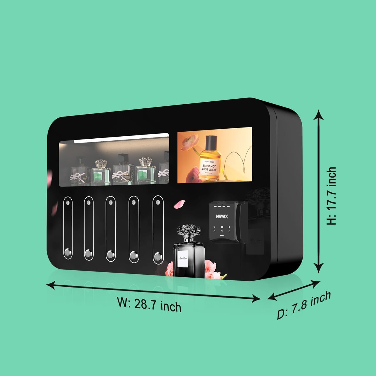 Perfume vending machine with a Nayax cashless payment reader