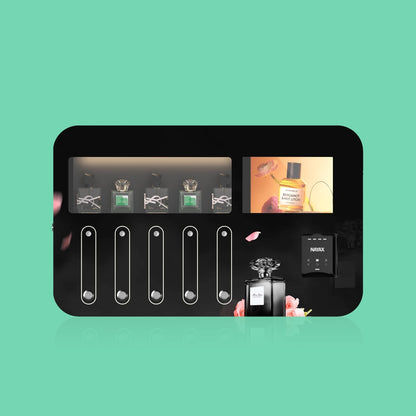 Automated perfume dispenser with transparent product windows and a Nayax card reader attached