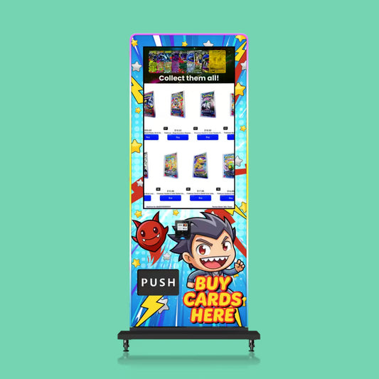 Pokémon card pack vending machine with 24 different booster pack selections, large touchscreen display, and cashless payment system