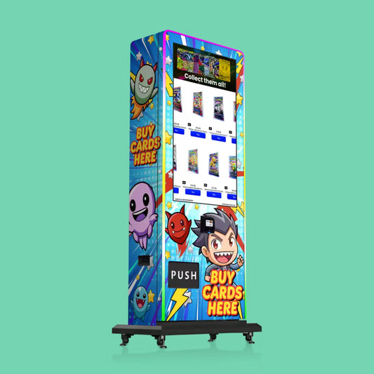 Side angle of Slim Tower 2.0 Pokémon card pack vending machine with large touchscreen display and commercial trading card dispensing system
