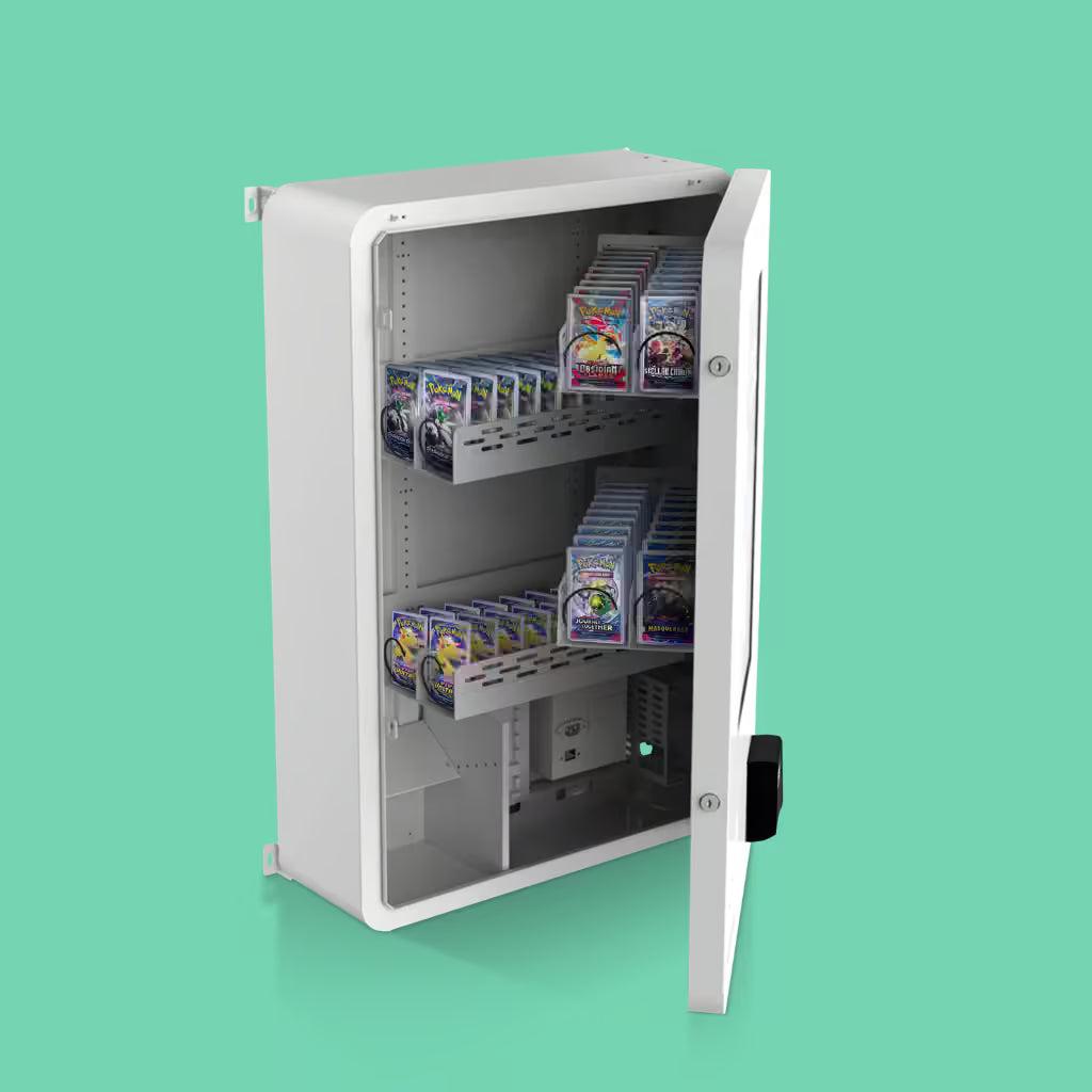 Mini Wall TCG vending machine open and fully loaded with Pokémon booster packs across multiple 22mm coil shelves — compact wall mount design for retail placement