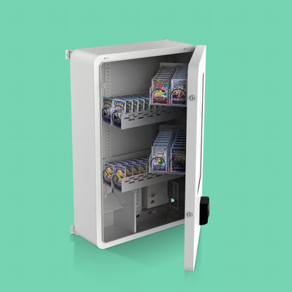 Mini Wall TCG vending machine open and fully loaded with Pokémon booster packs across multiple 22mm coil shelves — compact wall mount design for retail placement