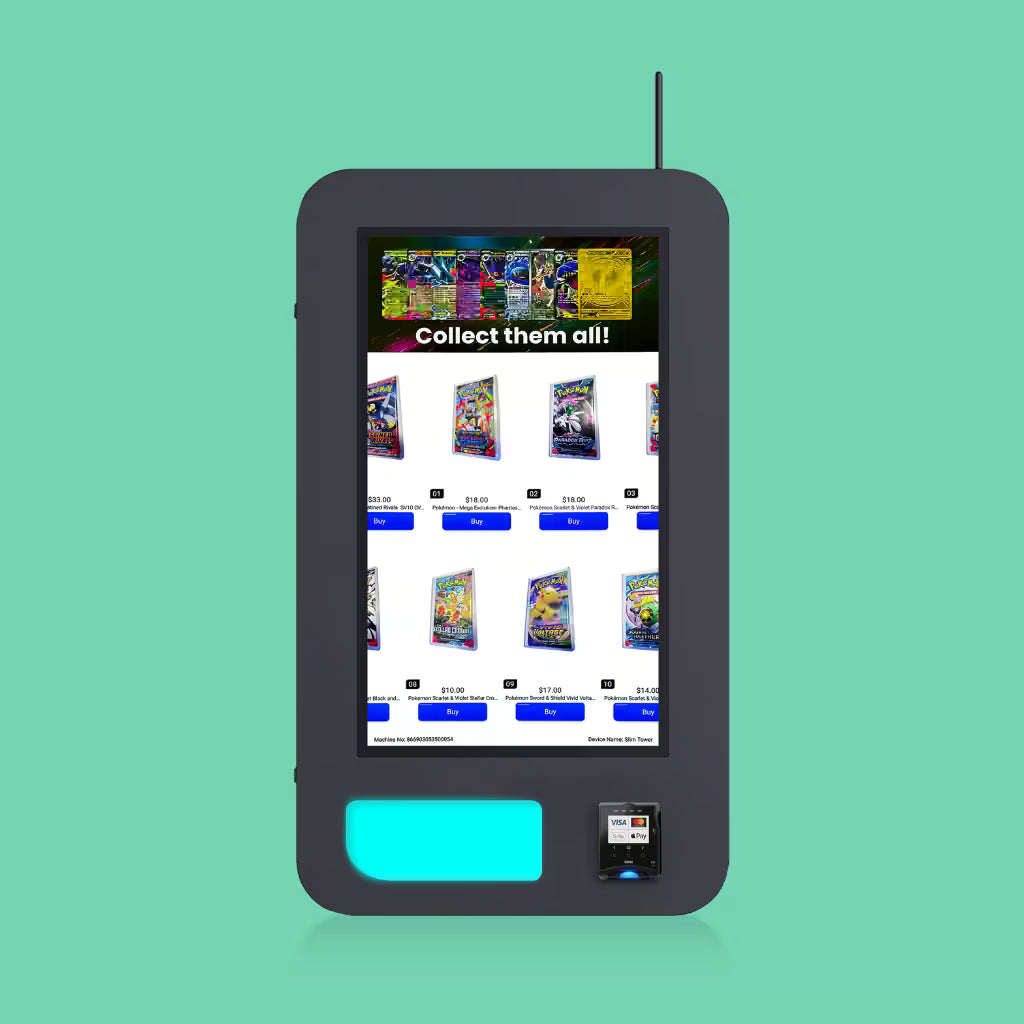 Front view of the Pokemon Slim Wall digital touchscreen TCG vending machine displaying booster pack selections with cashless card reader — wall mounted TCG vending kiosk