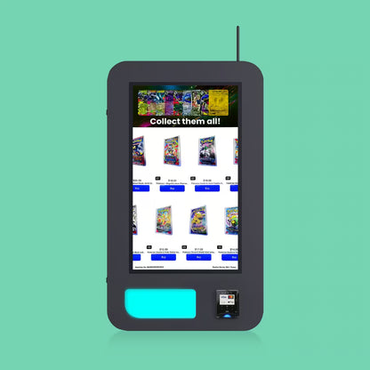 Front view of the Pokemon Slim Wall digital touchscreen TCG vending machine displaying booster pack selections with cashless card reader — wall mounted TCG vending kiosk