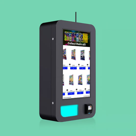 Side view of the Pokemon Slim Wall TCG vending machine showing compact depth profile and wall mount build with cashless card reader and product dispensing slot