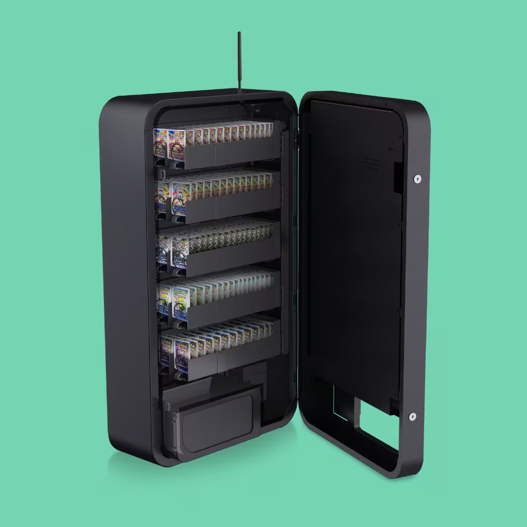 Interior view of the Pokemon Slim Wall touchscreen vending machine fully stocked with booster packs in 22mm coil shelves showing high capacity multi aisle configuration