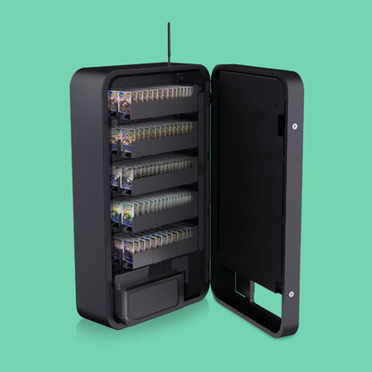 Interior view of the Pokemon Slim Wall touchscreen vending machine fully stocked with booster packs in 22mm coil shelves showing high capacity multi aisle configuration