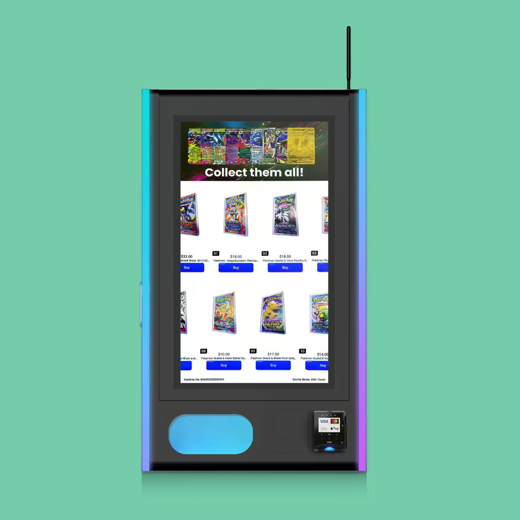 Pokémon TCG vending machine Mega Wall 2.0 touchscreen front view displaying trading card booster packs