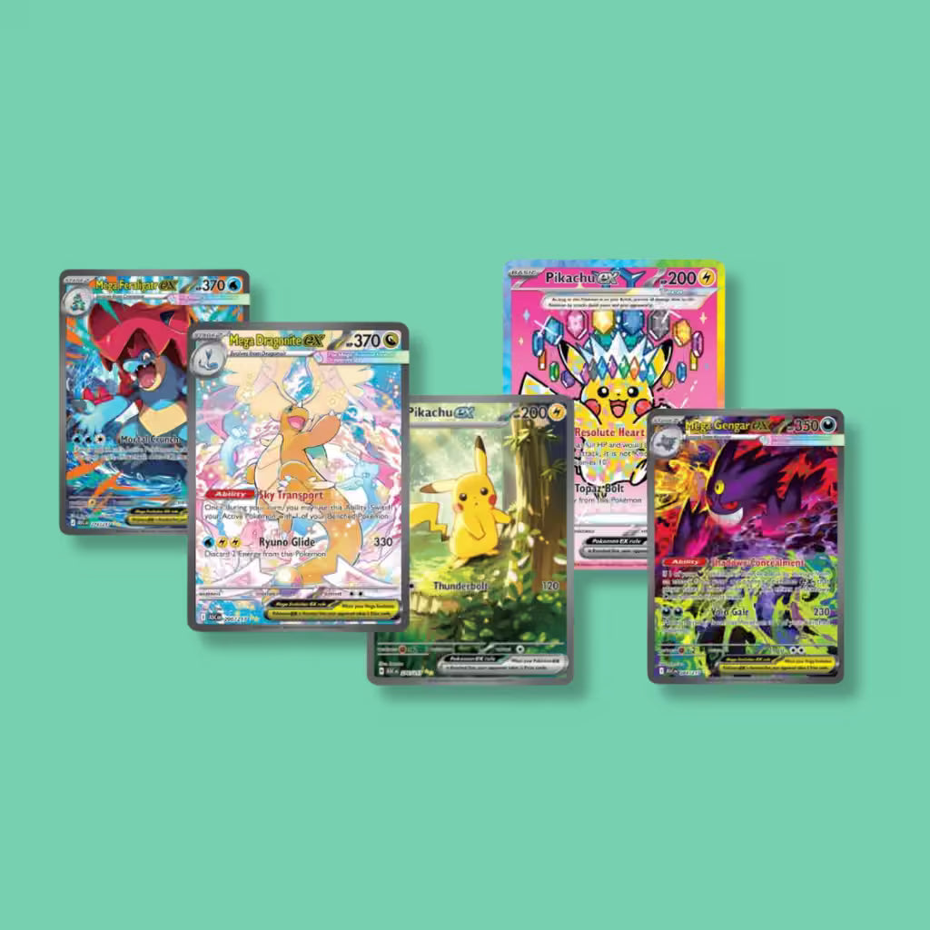 Pokemon TCG Mega Evolution Ascended Heroes ex cards featuring Mega Dragonite, Pikachu, Mega Gengar