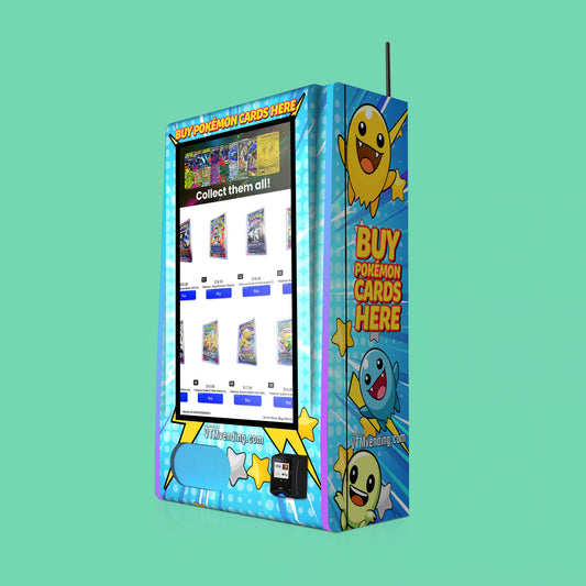 Pokemon TCG branded vinyl wrap on the VTM Mega Wall 2.0 TCG high-capacity wall-mounted Pokemon trading card vending machine left angle view