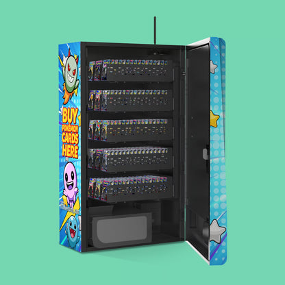 Pokemon TCG branded vinyl wrap on the VTM Mega Wall 2.0 TCG high-capacity wall-mounted Pokemon trading card vending machine 22mm coil loaded with boosterpacks