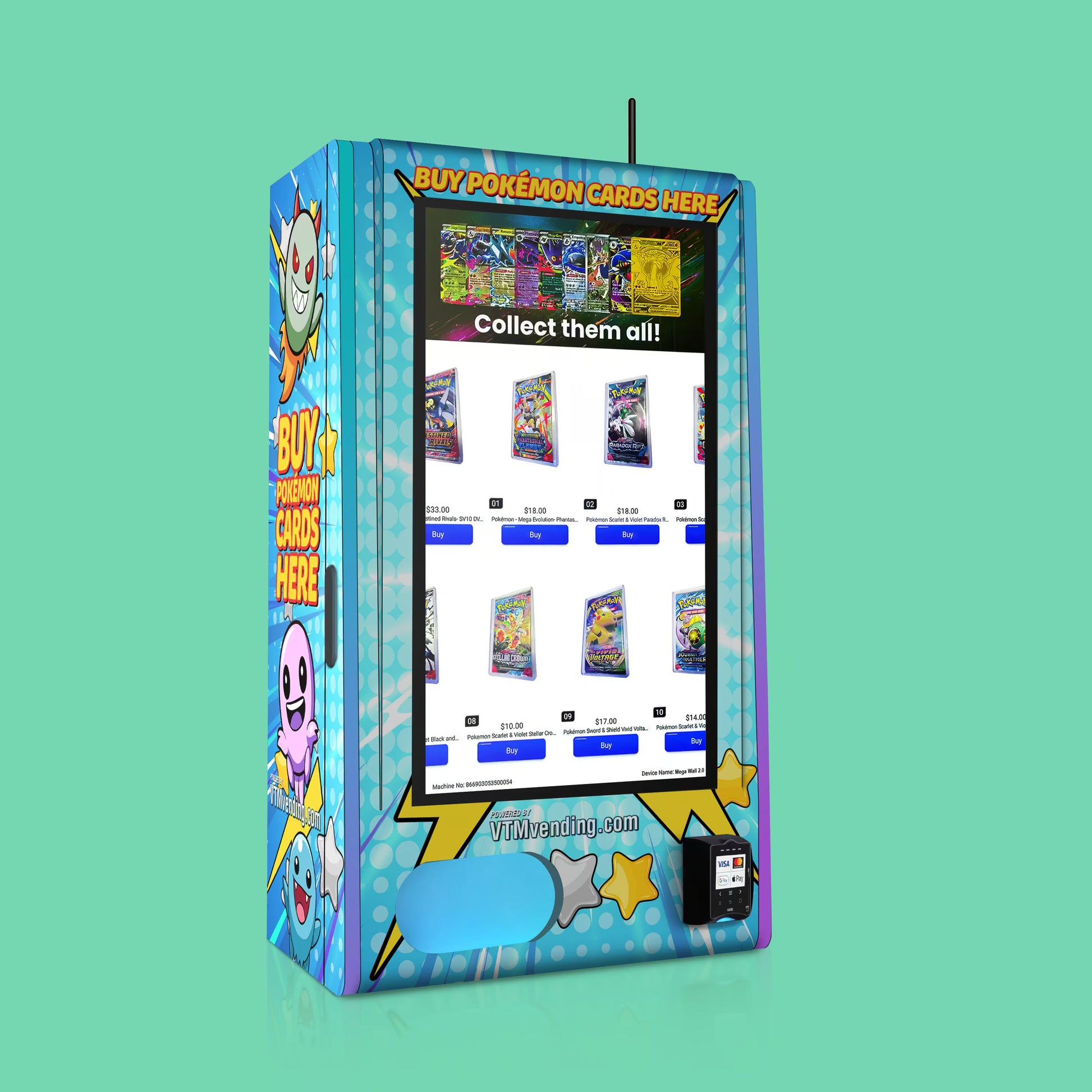 Pokemon TCG branded vinyl wrap on the VTM Mega Wall 2.0 TCG high-capacity wall-mounted Pokemon trading card vending machine front right angle view