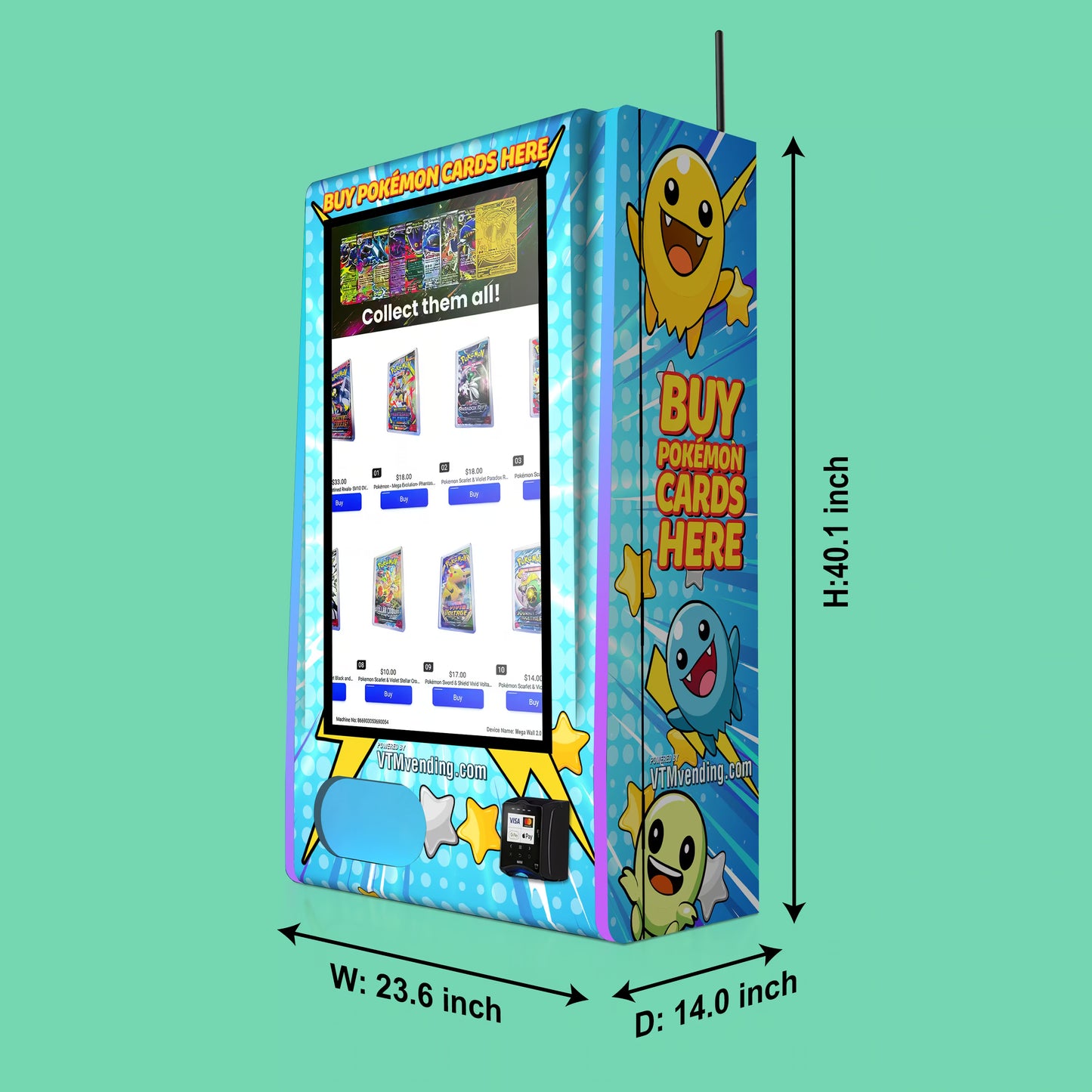 Pokemon TCG branded vinyl wrap on the VTM Mega Wall 2.0 TCG high-capacity wall-mounted Pokemon trading card vending machine displaying Pokémon TCG booster pack, size and dimension specifications