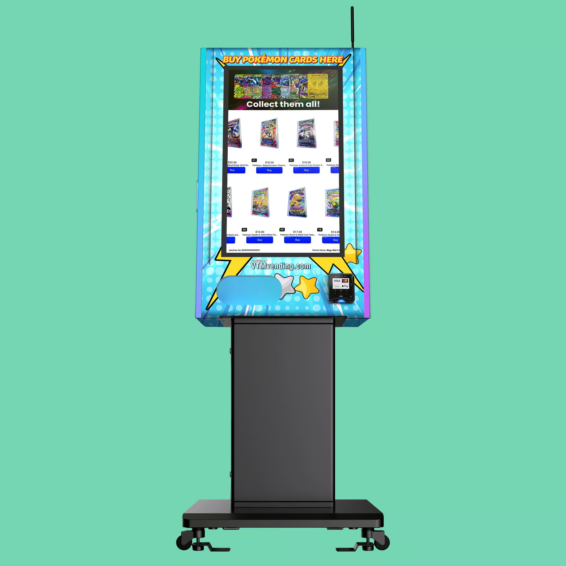 Pokemon TCG branded vinyl wrap on the VTM Mega Wall 2.0 TCG high-capacity wall-mounted Pokemon trading card vending machine front view on a pedestal stand displaying Pokémon booster pack selection on touchscreen
