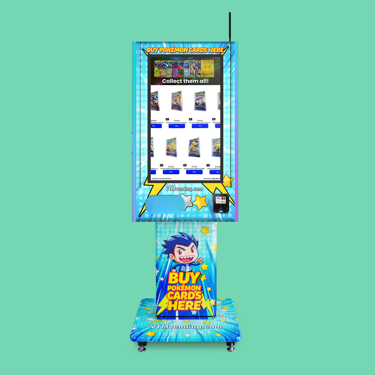 Pokemon TCG branded vinyl wrap on the VTM Mega Wall 2.0 TCG high-capacity Pokemon trading card vending machine on a tcg wrap pedestal stand front view