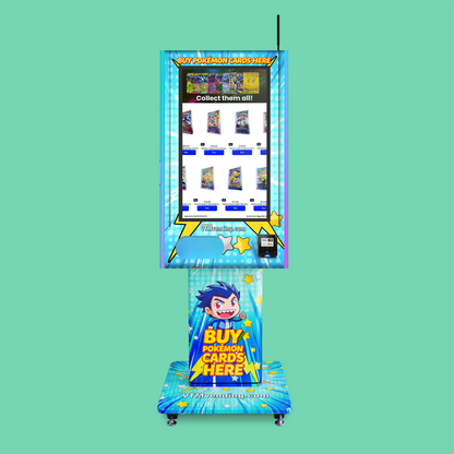 Pokemon TCG branded vinyl wrap on the VTM Mega Wall 2.0 TCG high-capacity Pokemon trading card vending machine on a tcg wrap pedestal stand front view