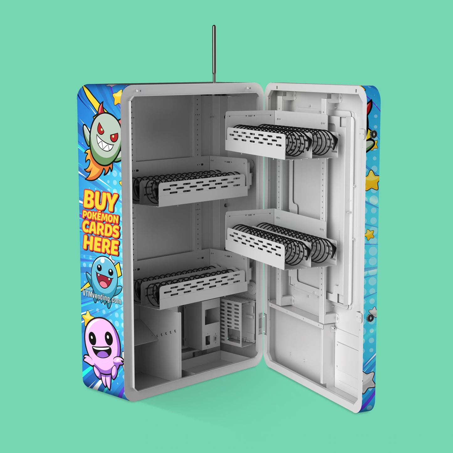Interior view of the Pokemon TCG branded vinyl wrap Mini Wall vending machine open door showing empty 22mm coil shelves and multi-aisle configuration ready for restocking