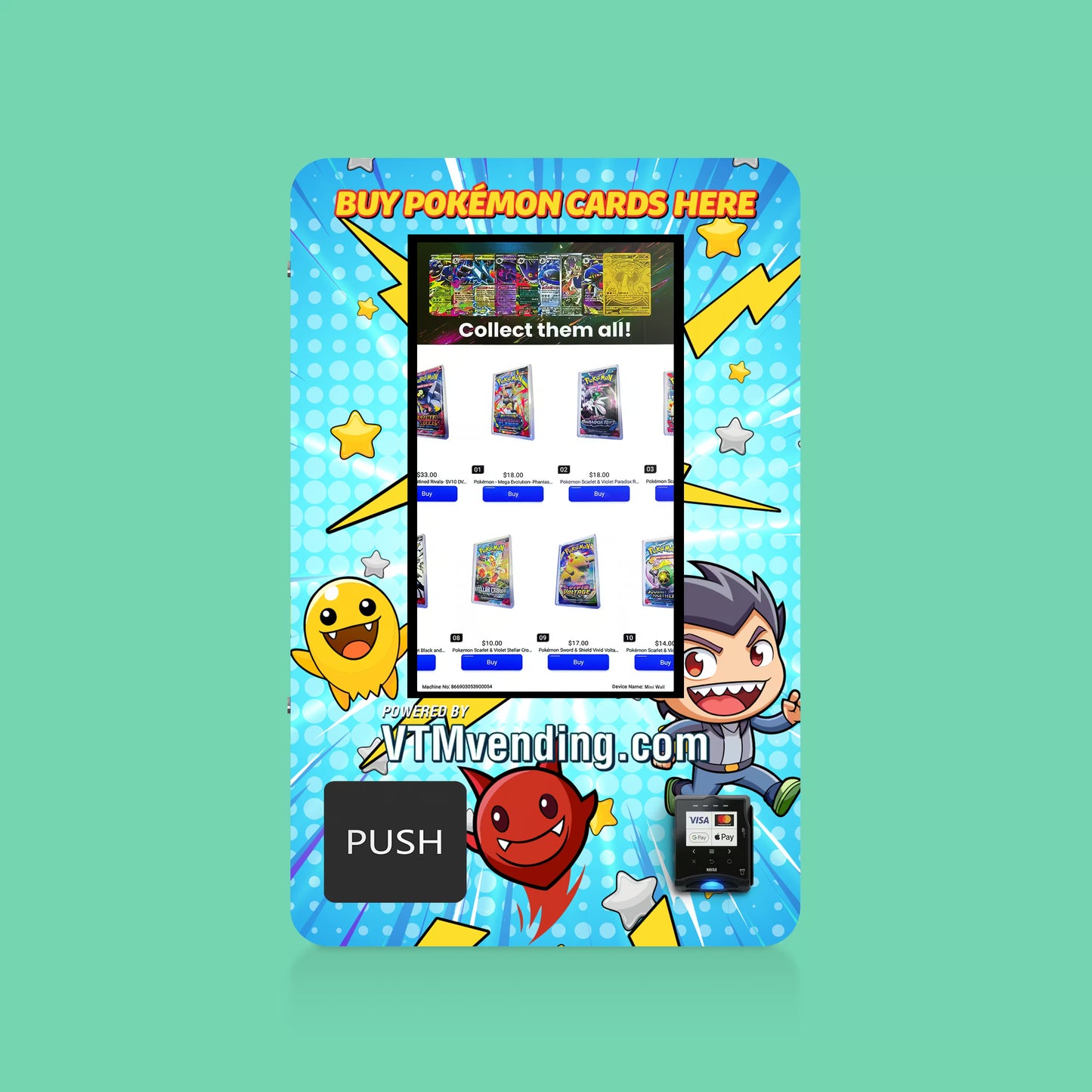 Pokemon TCG branded vinyl wrap on the VTM Mini TCG compact wall-mounted Pokemon trading card vending machine front view