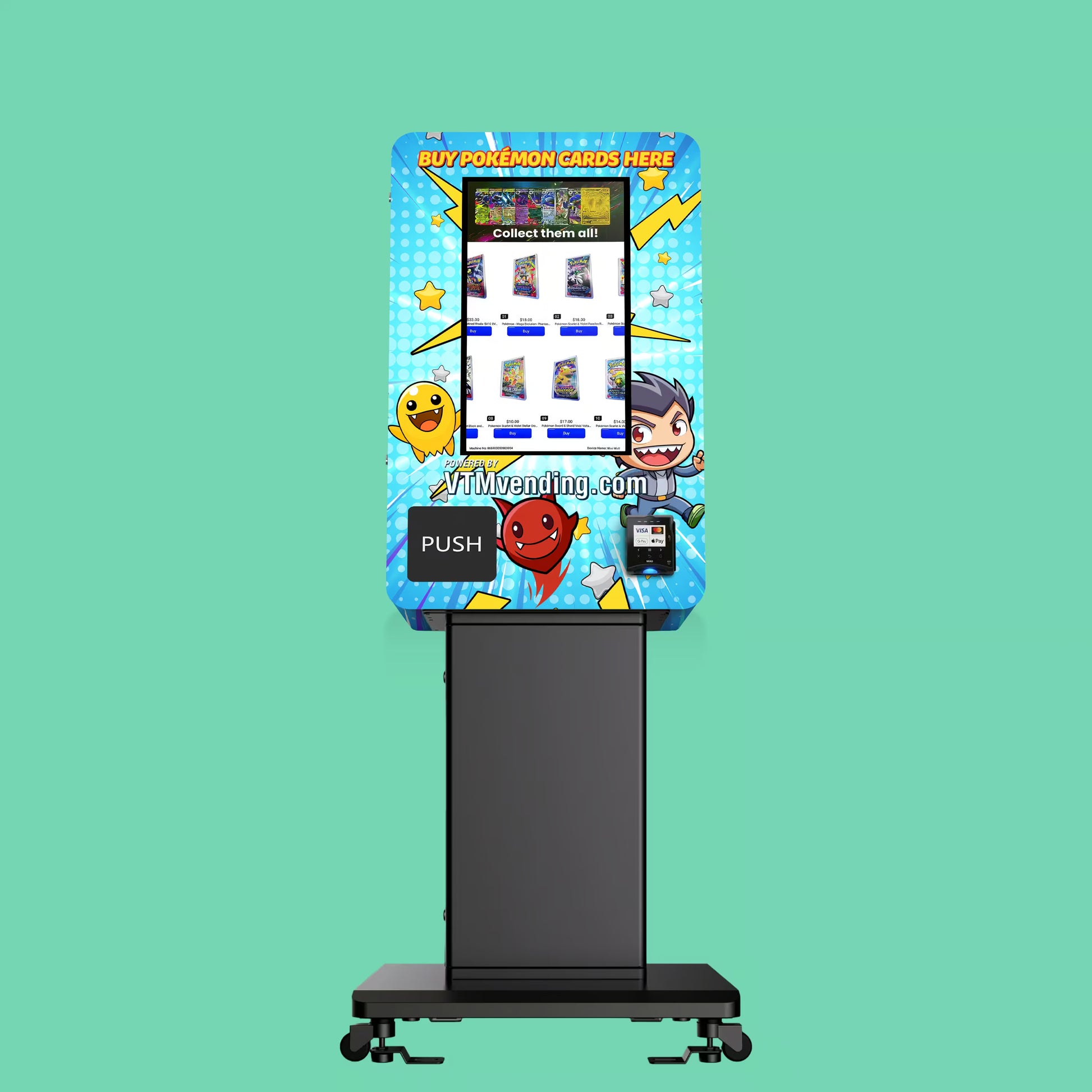Pokemon TCG branded vinyl wrap on the VTM Mini TCG Pokémon trading card vending machine front view on a pedestal stand displaying Pokémon booster pack on screen