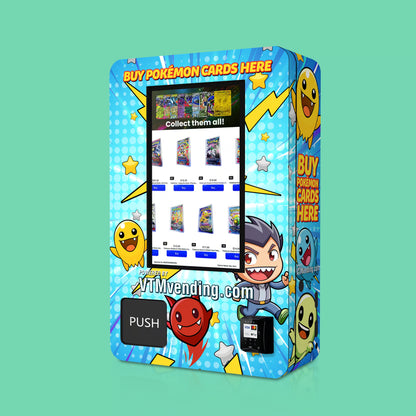 TCG branded vinyl wrap on the VTM Mini TCG compact wall-mounted Pokemon trading card vending machine Side View