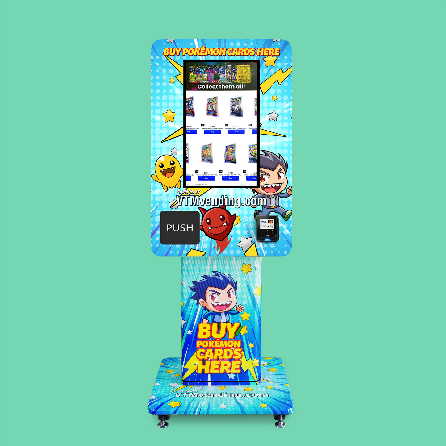 Pokemon TCG branded vinyl wrap on the VTM Mini Wall TCG Pokemon trading card vending machine front view on a tcg wrap pedestal stand displaying Pokémon booster pack selection on touchscreen