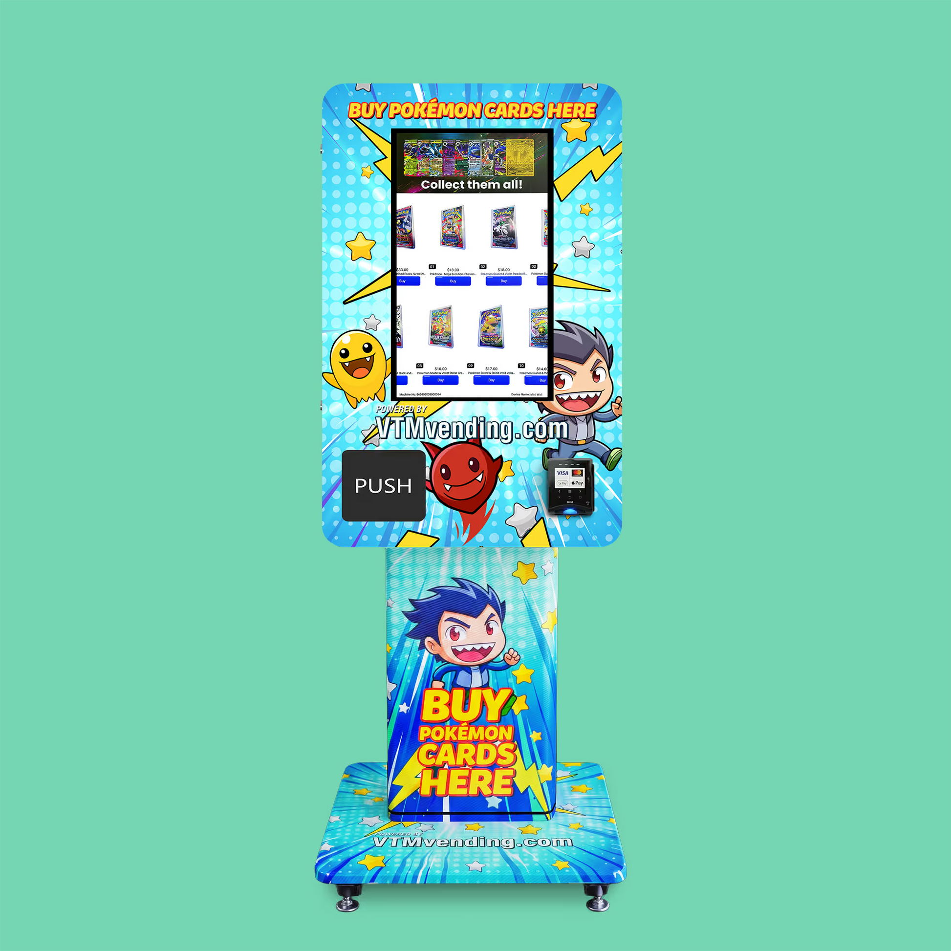 Pokemon TCG branded vinyl wrap on the VTM Mini Wall TCG Pokemon trading card vending machine front view on a tcg wrap pedestal stand displaying Pokémon booster pack selection on touchscreen
