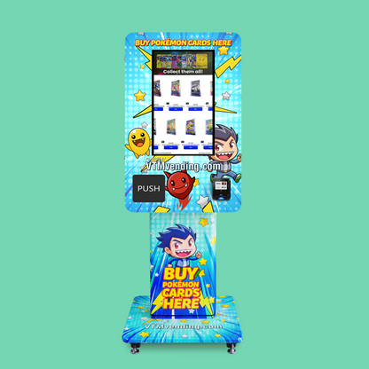 Pokemon TCG branded vinyl wrap on the VTM Mini Wall TCG Pokemon trading card vending machine front view on a tcg wrap pedestal stand displaying Pokémon booster pack selection on touchscreen