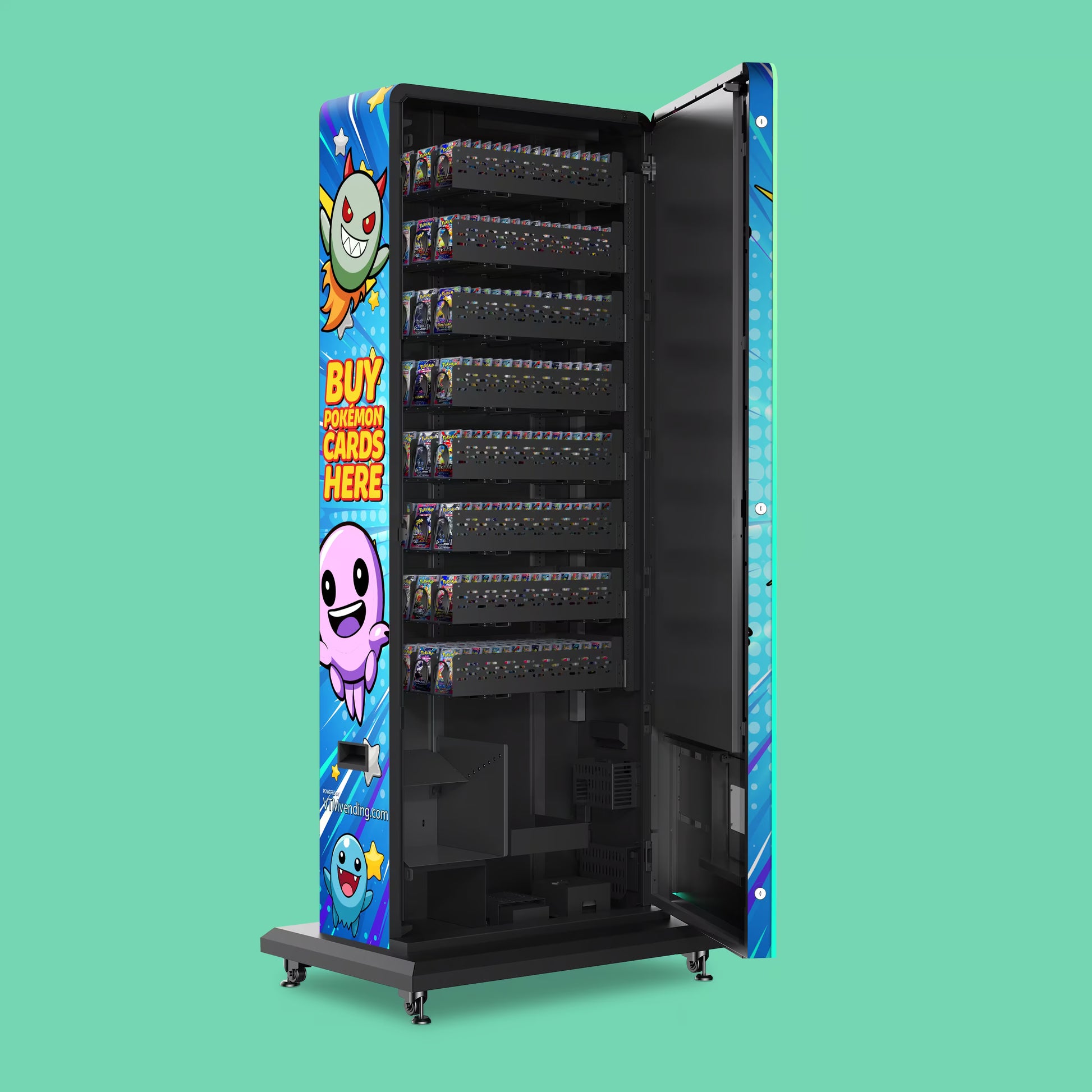 Pokemon TCG branded vinyl wrap on the VTM Slim Pack Tower 2.0 free-standing Pokemon trading card vending machine loaded with boosterpacks in 22mm coil
