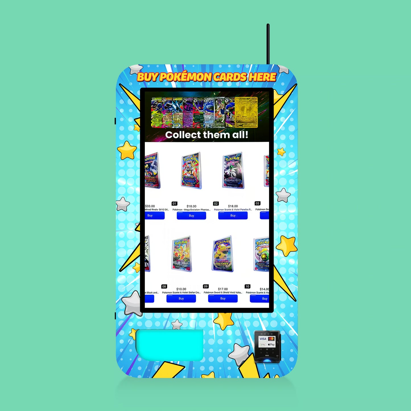 Front View of the Pokemon TCG branded vinyl wrap on the VTM Slim Wall TCG wall-mounted Pokemon trading card vending machine