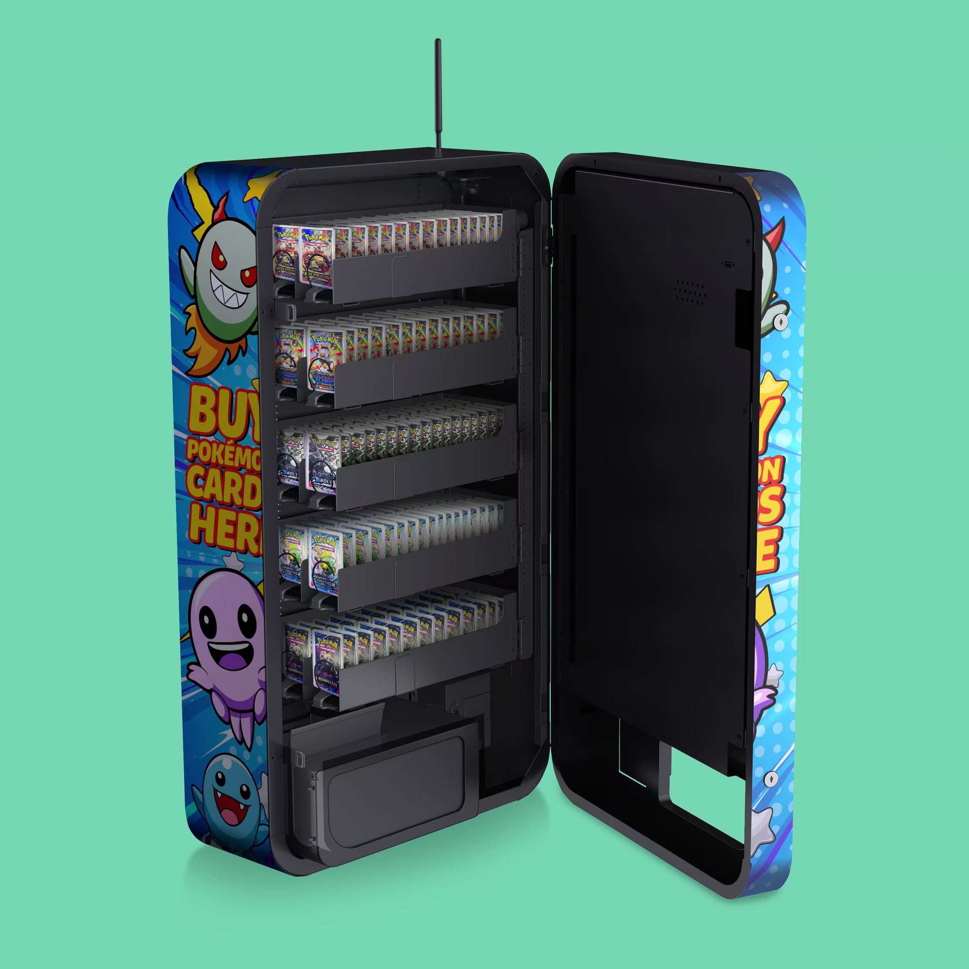 Interior view of the VTM Slim Wall TCG wall-mounted Pokemon trading card vending machine fully stocked with booster packs in 22mm coil shelves showing high capacity multi aisle configuration