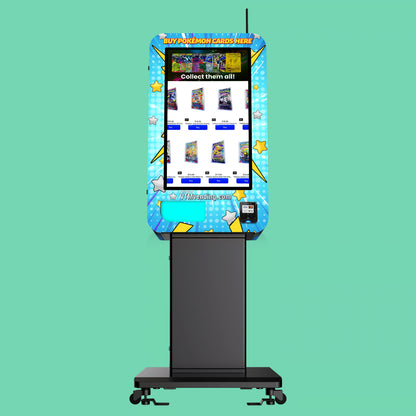 VTM Slim Wall Pokemon TCG branded vinyl wrap front view on a pedestal stand displaying Pokémon booster pack selection on touchscreen