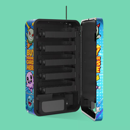 Interior view of the VTM Slim Wall TCG wall-mounted Pokemon trading card vending machine in 22mm coil shelves showing high capacity multi aisle configuration