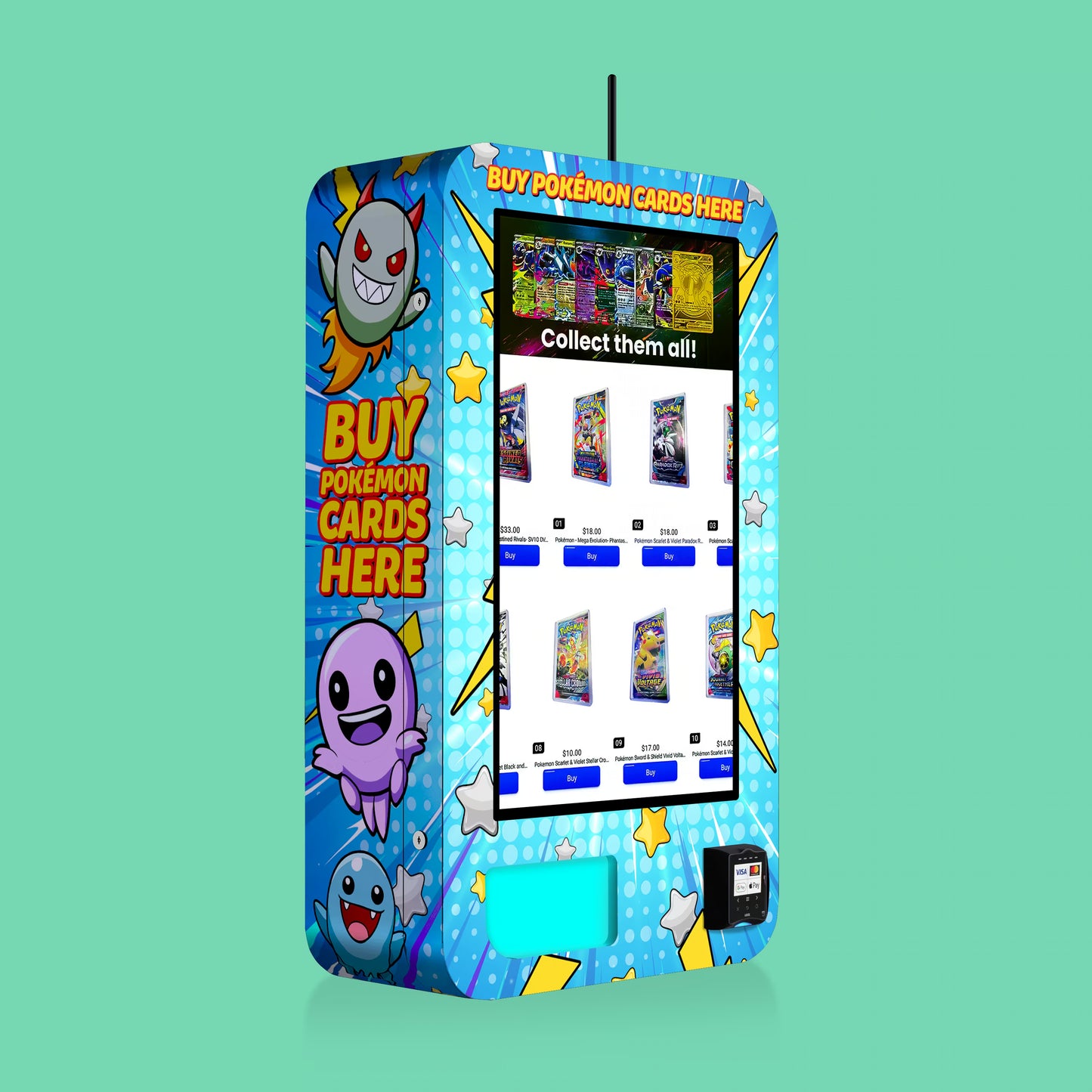 Side view of the Pokemon TCG branded vinyl wrap on the VTM Slim Wall TCG wall-mounted Pokemon trading card vending machine showing compact depth profile and wall mount build with cashless card reader and product dispensing slot