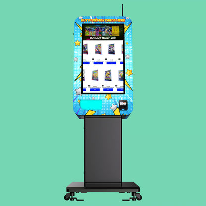 VTM Slim Wall Pokemon TCG branded vinyl wrap front view on a pedestal stand displaying Pokémon booster pack selection on touchscreen