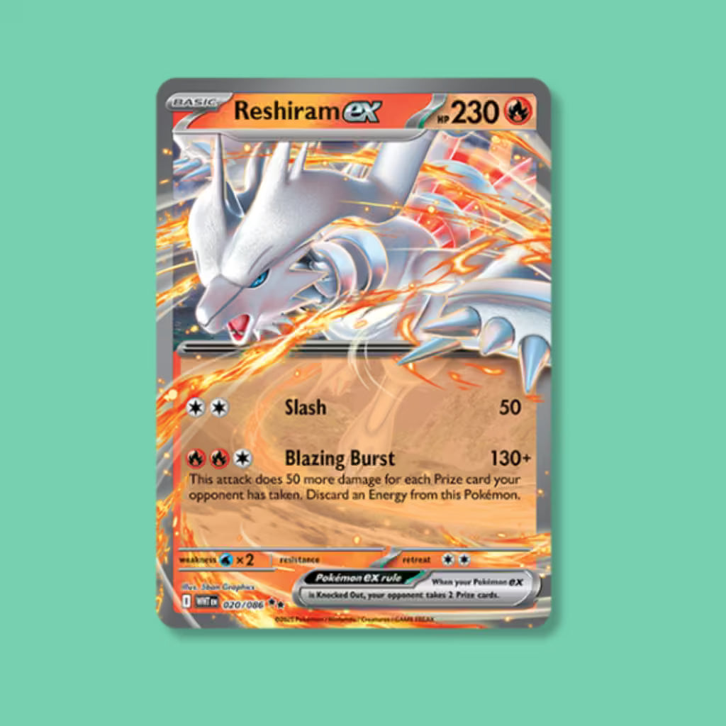 Pokemon TCG White Flare Reshiram ex card with Blazing Burst attack from the Scarlet & Violet