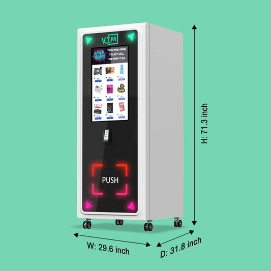 Self-service smart vending machine with touchscreen display and labeled dimensions.