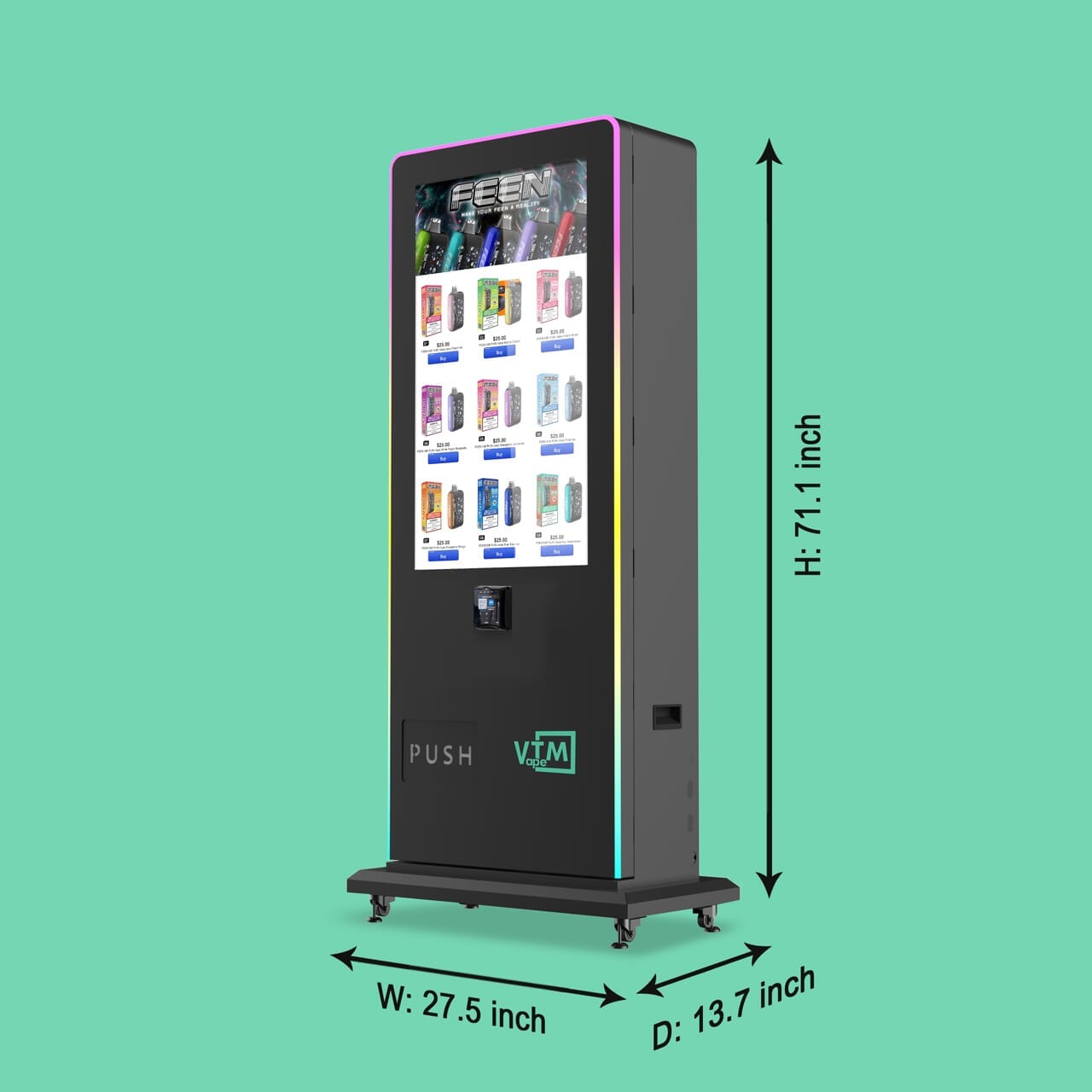 Slim Tower 2.0 smart vape vending machine size and dimension diagram.