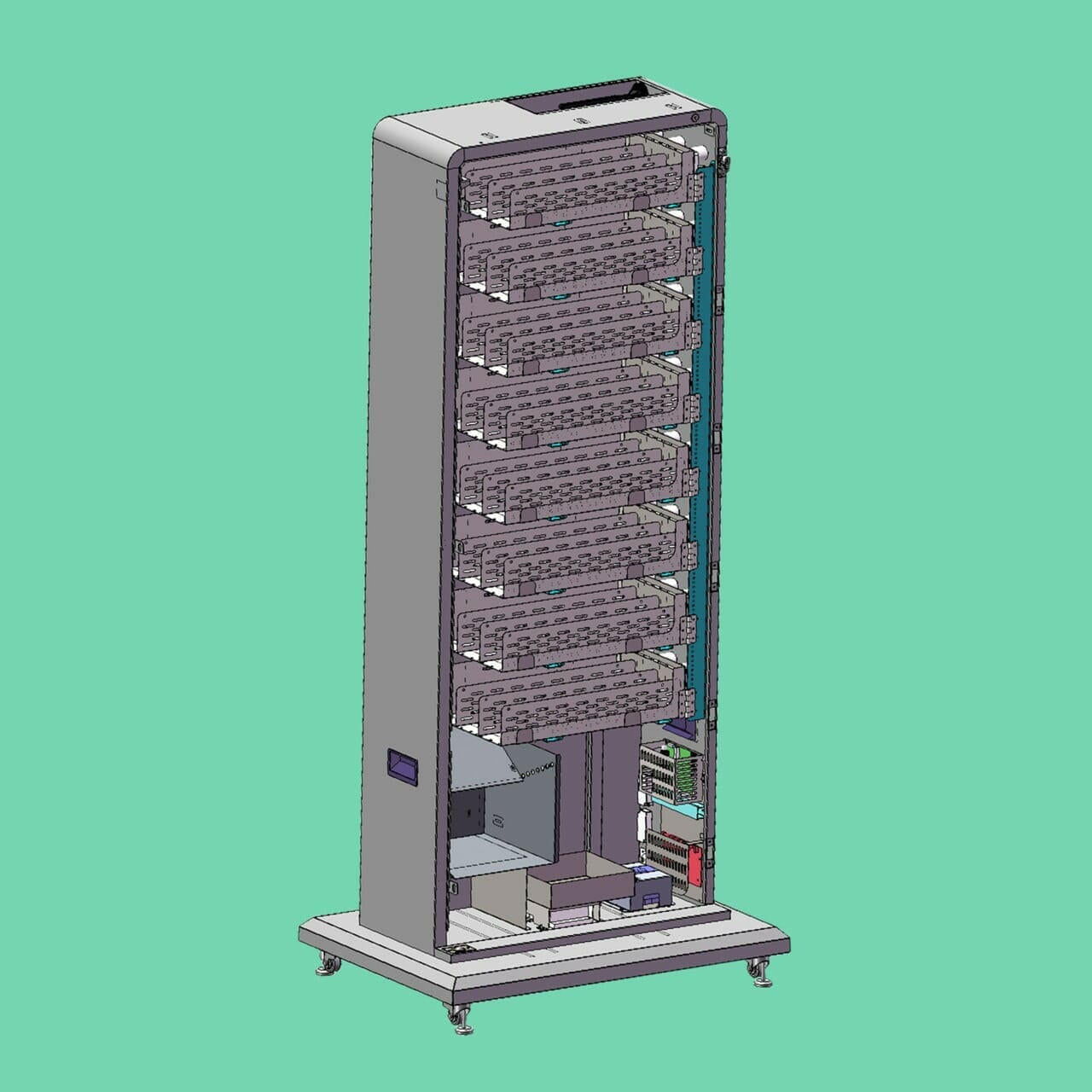 Slim Tower charging station for vape pens with multi-slot vertical rack design, showcasing internal modular components for efficient batch recharging and organization.