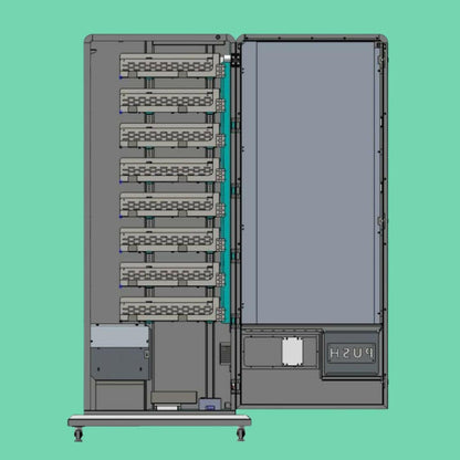 Interior view of the Slim Tower 2.0 vape vending machine showcasing secure aisles with metal coil racks, built-in card reader section, and reinforced casing for high-capacity vape storage.