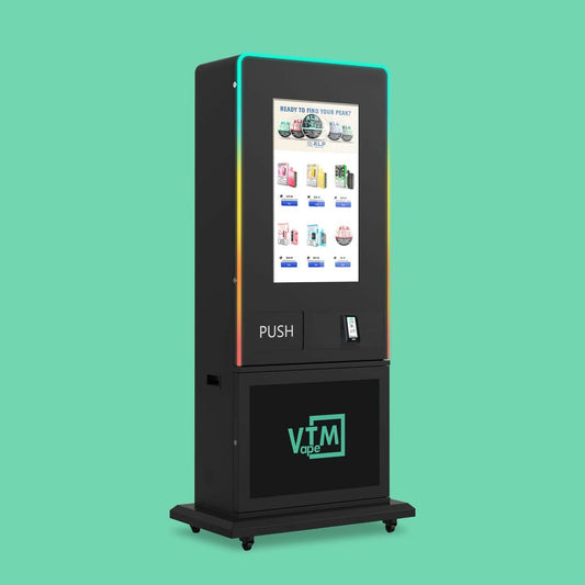 VapeTM slim tower vape vending machine with touchscreen interface, 18 aisles, and smart ID verification system, designed for retail automation.