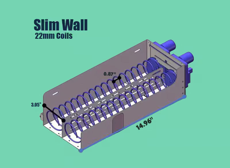 Technical layout displaying 22mm spiral vending coils used in the Slim Wall vending machine, with labeled tray dimensions and coil spacing to demonstrate product alignment and dispensing structure.