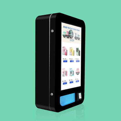 VapeTM Slim Wall-Mounted Vape Vending Machine with 10 aisles and 100-unit capacity, featuring a 32-inch touchscreen and Nayax payment reader.