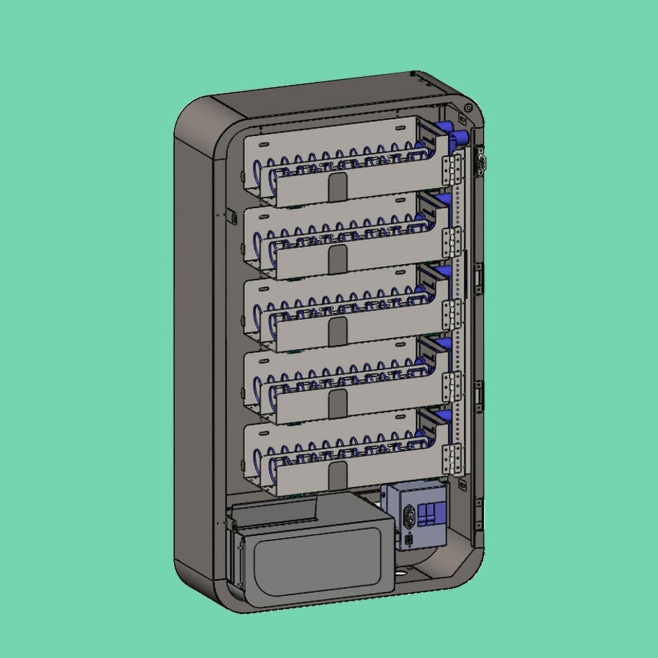 3D-rendered image of the Slim Wall smart vape display cabinet, featuring five modular shelf tiers with coil-based dispensing mechanisms, internal wiring, and a compact control box for smart inventory management, designed for wall-mounted retail environments.